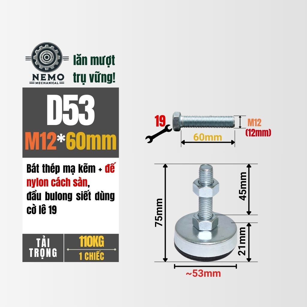 Chân Tăng Chỉnh Chống Rung – Đế Nylon, Cân Bằng Máy Móc (M10, M12)